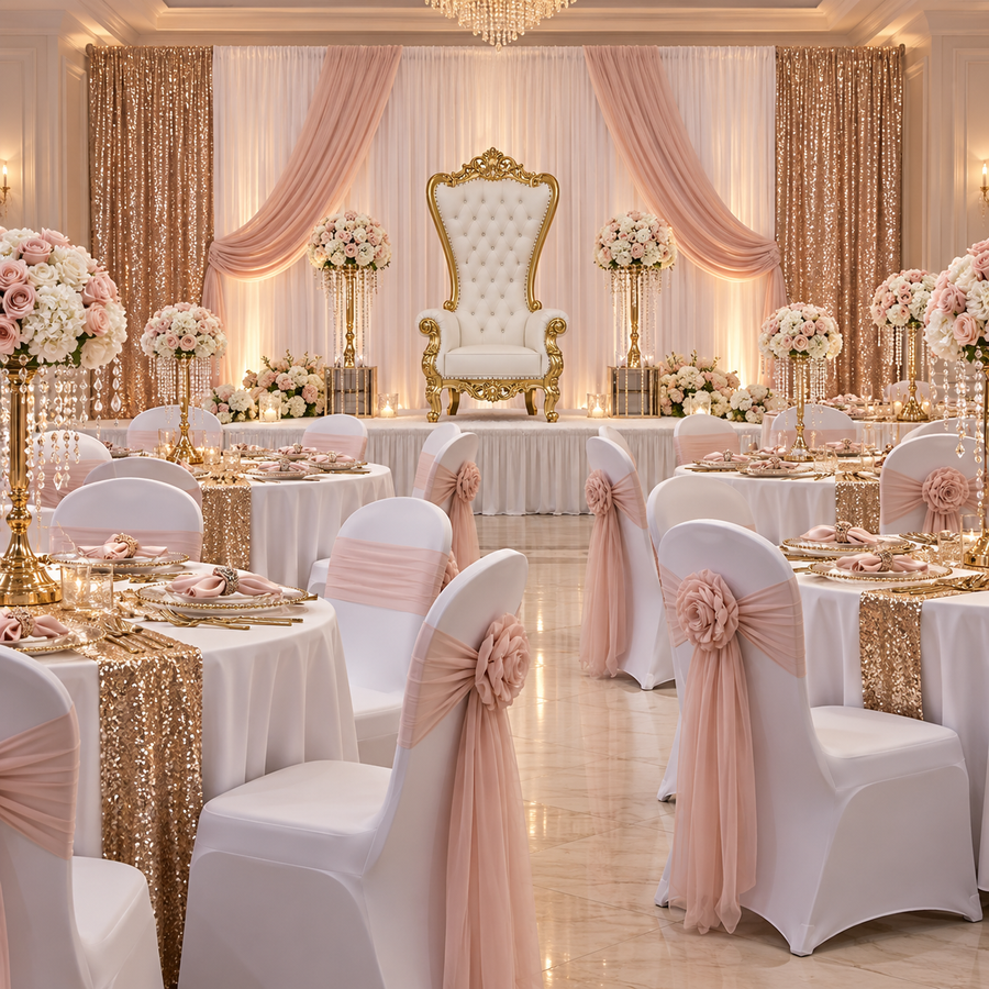 FraSyl Quinceañera & Sweet 16 Package, Throne, Backdrop & Full Table Setup