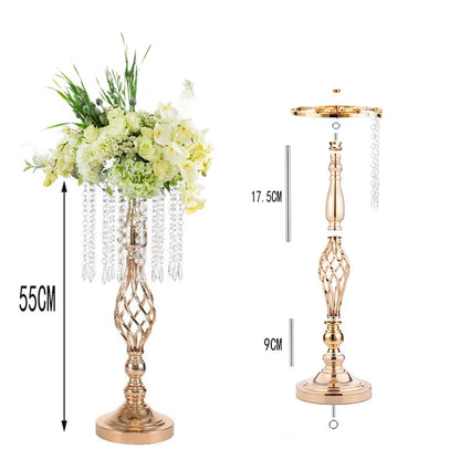 FraSyl Crystal Centerpiece Stand Rental, Gold Metal Riser with Hanging Crystal Beads, Wedding & Event Décor