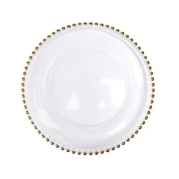 FraSyl Beaded Charger Plate Rental, 13 in Round, Clear with Gold Beaded Rim