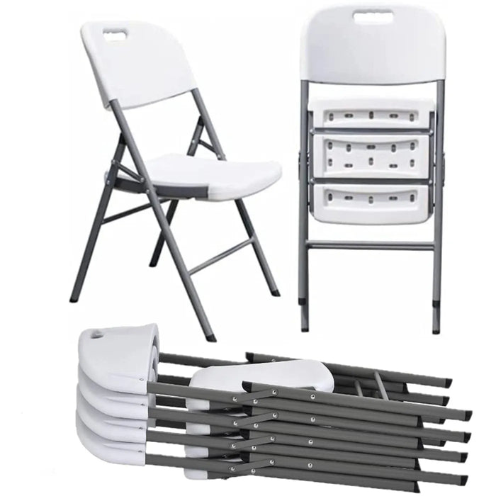 FraSyl Folding Chair Rental, White Plastic Seat with Steel Frame, Indoor & Outdoor Event Seating