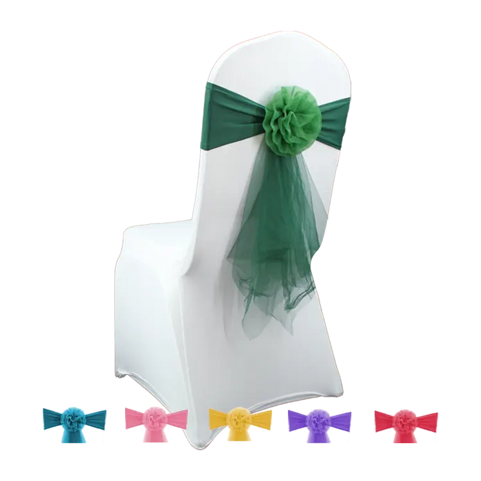 FraSyl Chiffon Rosette Chair Sash Rental, Stretch Band with Flower & Tail