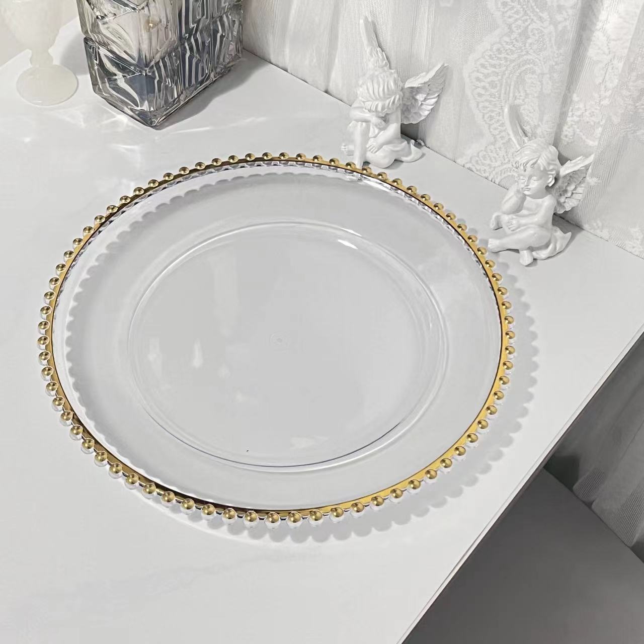 FraSyl Beaded Charger Plate Rental, 13 in Round, Clear with Gold Beaded Rim