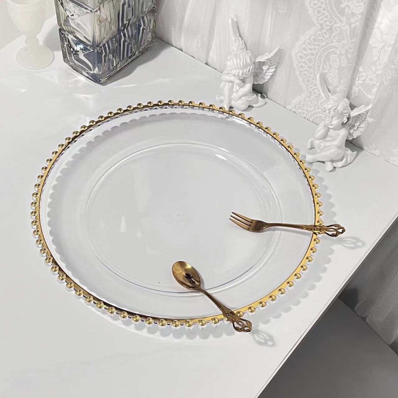 FraSyl Beaded Charger Plate Rental, 13 in Round, Clear with Gold Beaded Rim