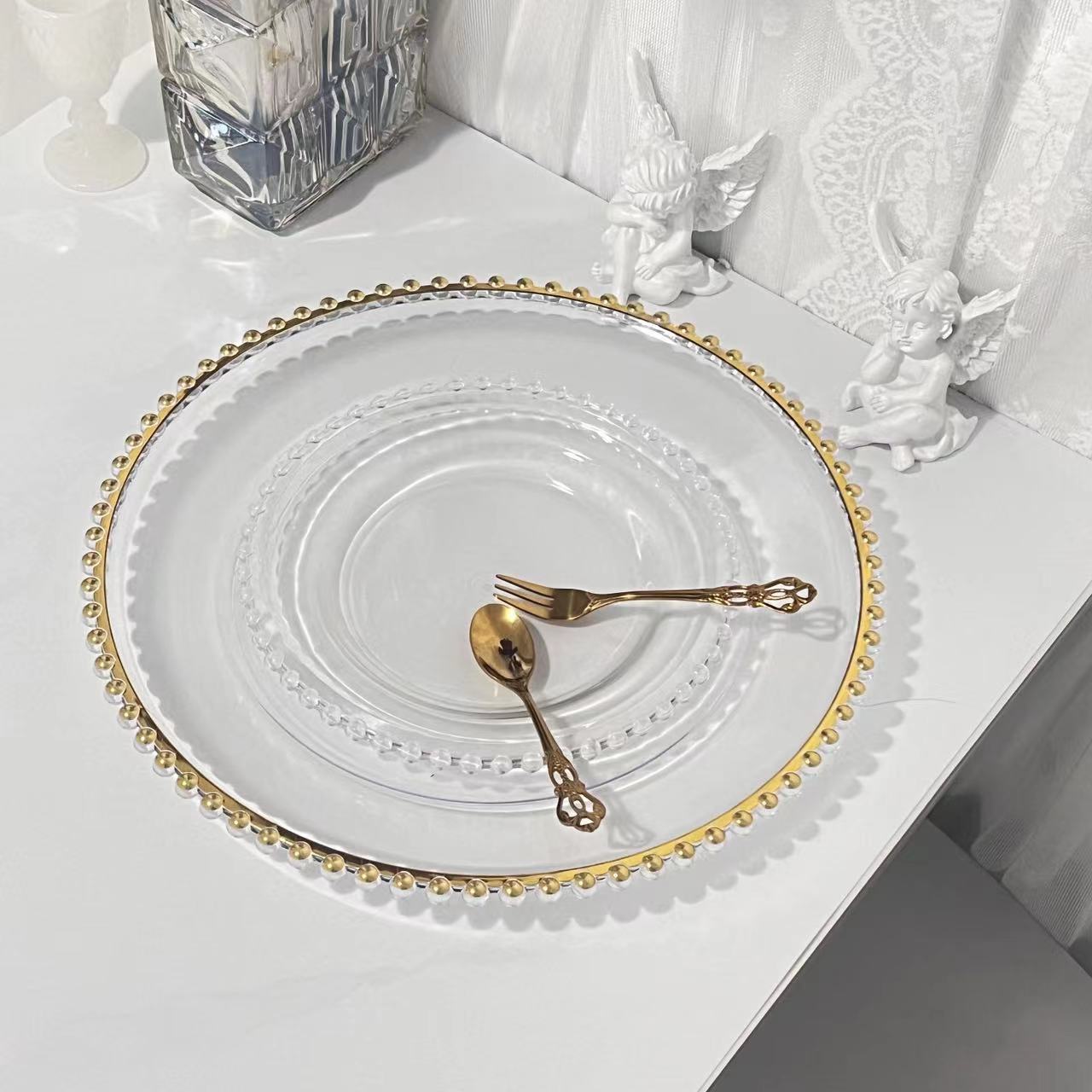 FraSyl Beaded Charger Plate Rental, 13 in Round, Clear with Gold Beaded Rim
