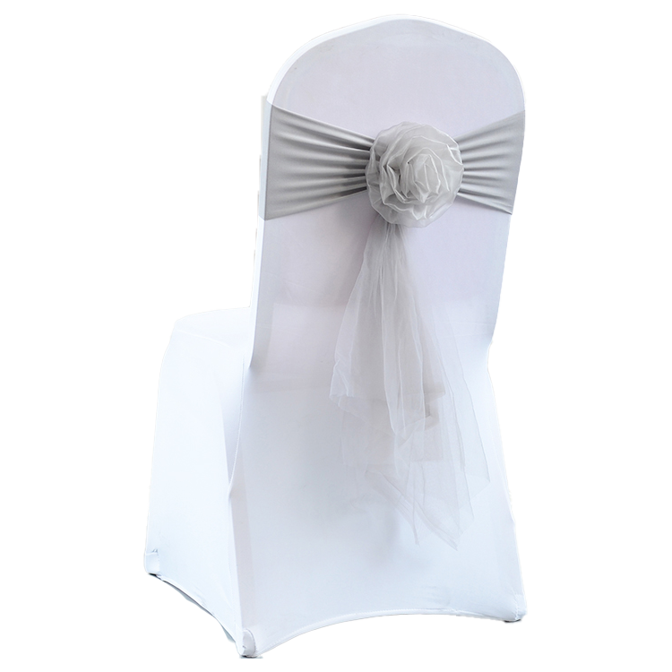 FraSyl Chiffon Rosette Chair Sash Rental, Stretch Band with Flower & Tail