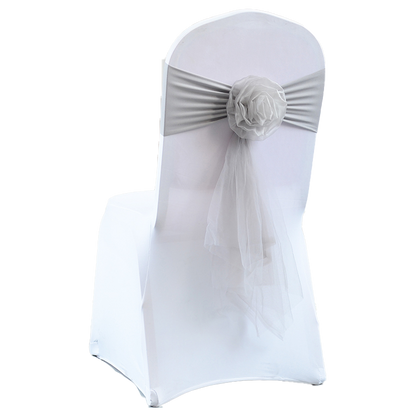 FraSyl Chiffon Rosette Chair Sash Rental, Stretch Band with Flower & Tail