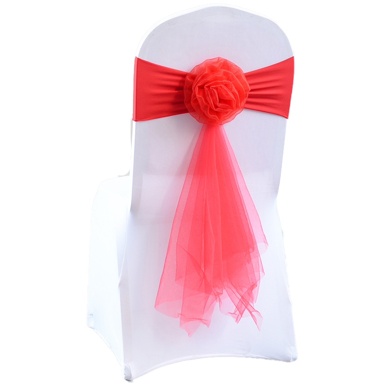 FraSyl Chiffon Rosette Chair Sash Rental, Stretch Band with Flower & Tail