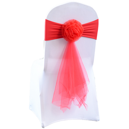 FraSyl Chiffon Rosette Chair Sash Rental, Stretch Band with Flower & Tail