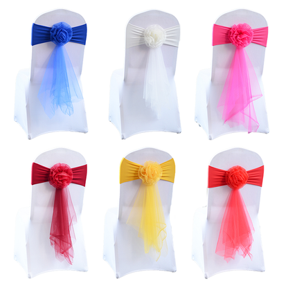 FraSyl Chiffon Rosette Chair Sash Rental, Stretch Band with Flower & Tail