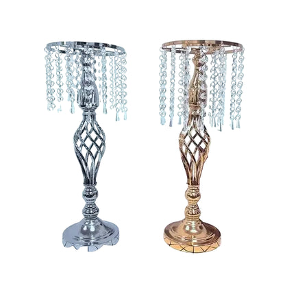 FraSyl Crystal Centerpiece Stand Rental, Gold Metal Riser with Hanging Crystal Beads, Wedding & Event Décor