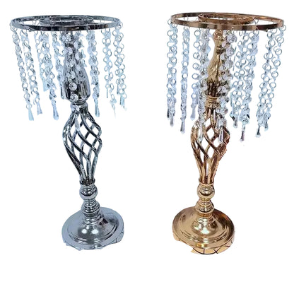 FraSyl Crystal Centerpiece Stand Rental, Gold Metal Riser with Hanging Crystal Beads, Wedding & Event Décor
