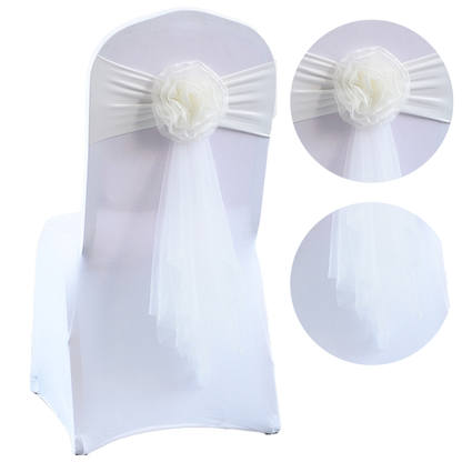 FraSyl Chiffon Rosette Chair Sash Rental, Stretch Band with Flower & Tail